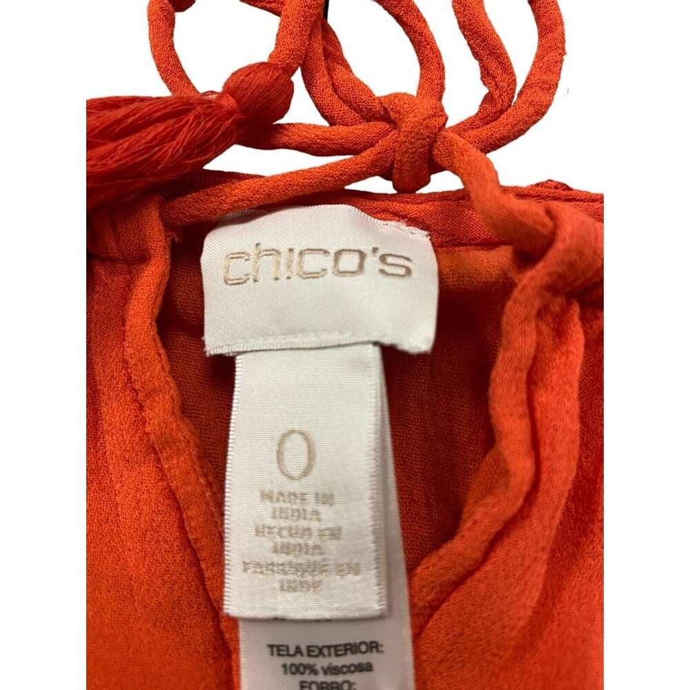 Chico's Top Womens 0 Red 3/4 Sleeve Embroidered Tunic Blouse Tie Neck Pullover - Picture 3 of 6